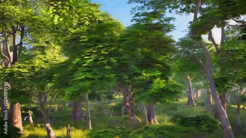 Trees swaying gently in a tropical forest breeze