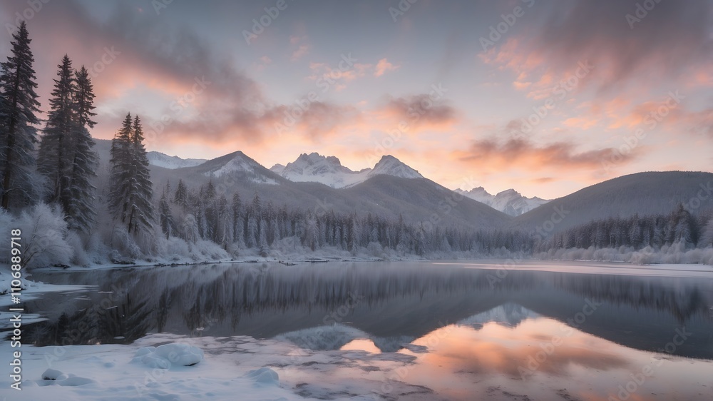 Obraz premium Winter snow mountain forest lake sunrise