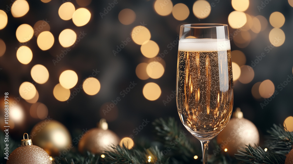 Champagne glasses on festive table for New Year celebration with bokeh background. Champagne glasses on festive table for New Year celebration with bokeh background.
