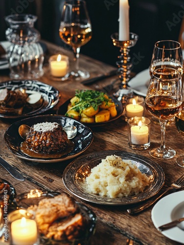 A festive Burns Night table elegantly set with traditional Scottish fare like haggis, neeps, and tatties, complemented by whisky, candles, and poetry by Robert Burns.