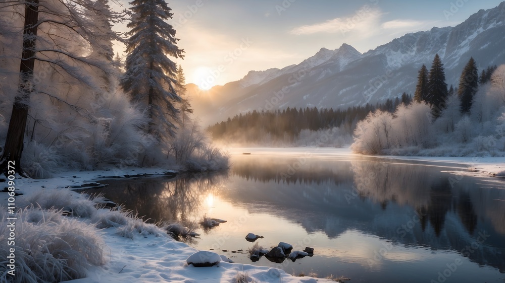 Fototapeta premium Winter snow mountain forest lake sunrise