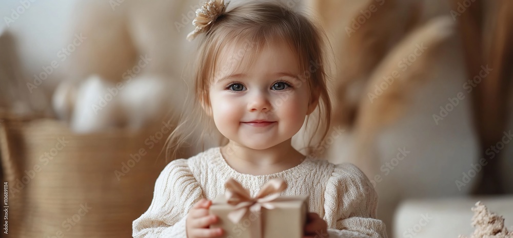 A cheerful child holding a gift box, smiling warmly at the camera. A cheerful child holding a gift box, smiling warmly at the camera.