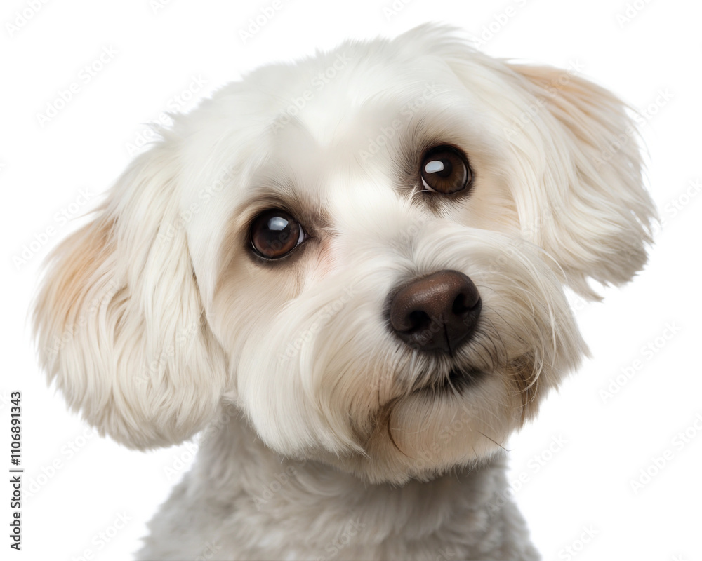 Fluffy Bichon Frise portrait looking at camera isolated on white background. Bichon bolognese headshot on white Fluffy Bichon Frise portrait looking at camera isolated on white background. Bichon bolognese headshot on white