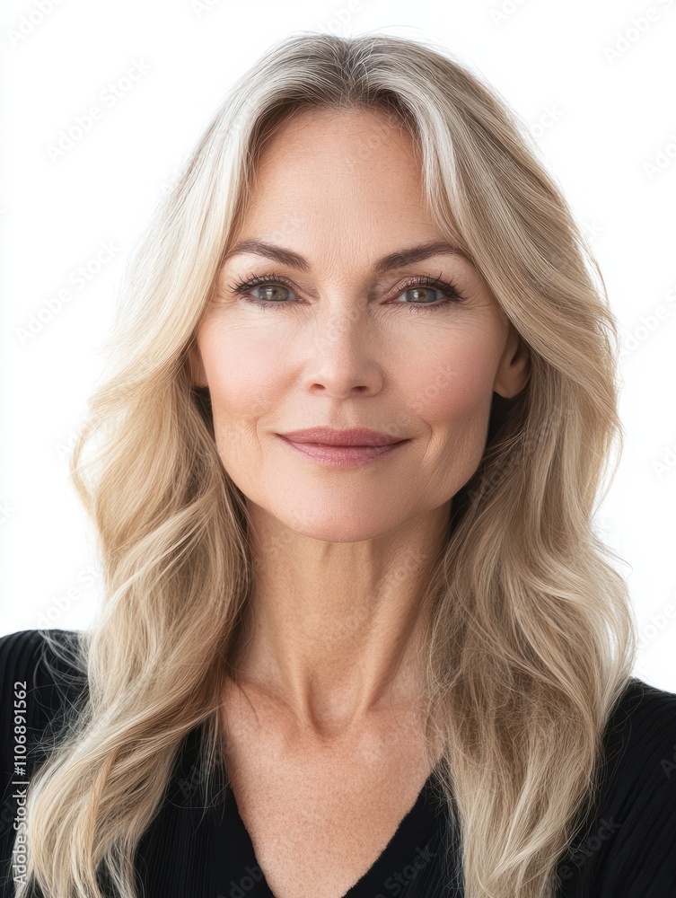 Happy smiling attractive 50s middle aged blonde woman looking at camera advertising antiage face skin and aging hair care treatment and cosmetics isolated on white background. Close up portrait. Happy smiling attractive 50s middle aged blonde woman looking at camera advertising antiage face skin and aging hair care treatment and cosmetics isolated on white background. Close up portrait.