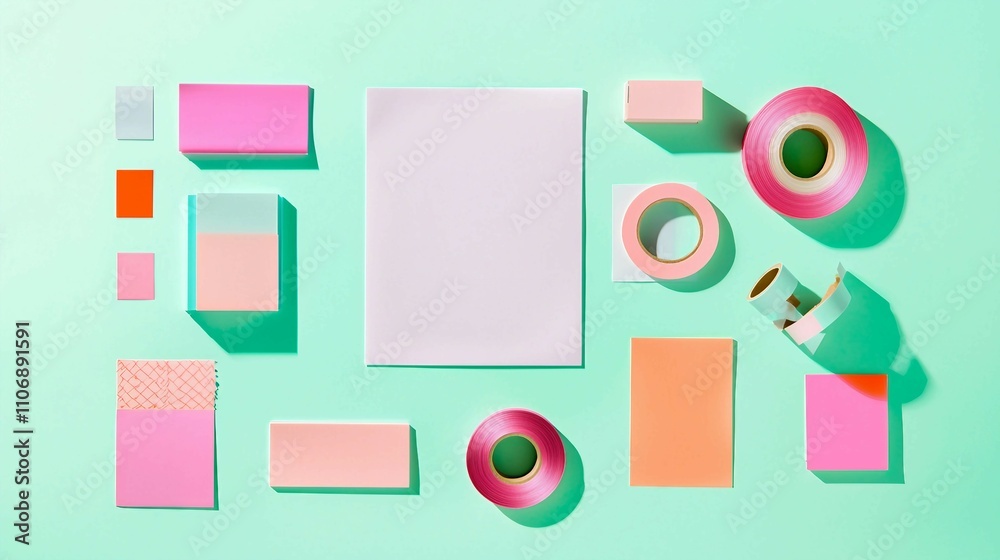 Colorful Stationery and Paper Supplies on Mint Background Colorful Stationery and Paper Supplies on Mint Background