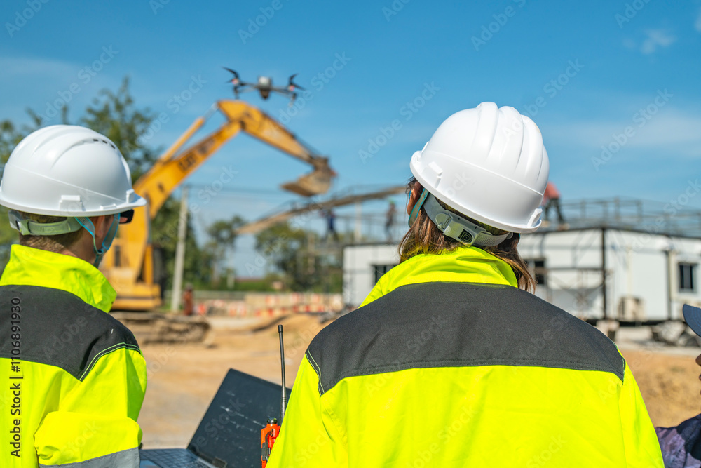 Two engineers in high visibility jackets and helmets observing a drone flying over a construction site, with machinery and modular buildings, highlighting technology and site monitoring. Two engineers in high visibility jackets and helmets observing a drone flying over a construction site, with machinery and modular buildings, highlighting technology and site monitoring.