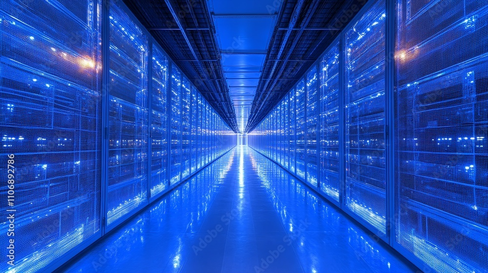 Obraz premium Server racks illuminated by blue light in a data center