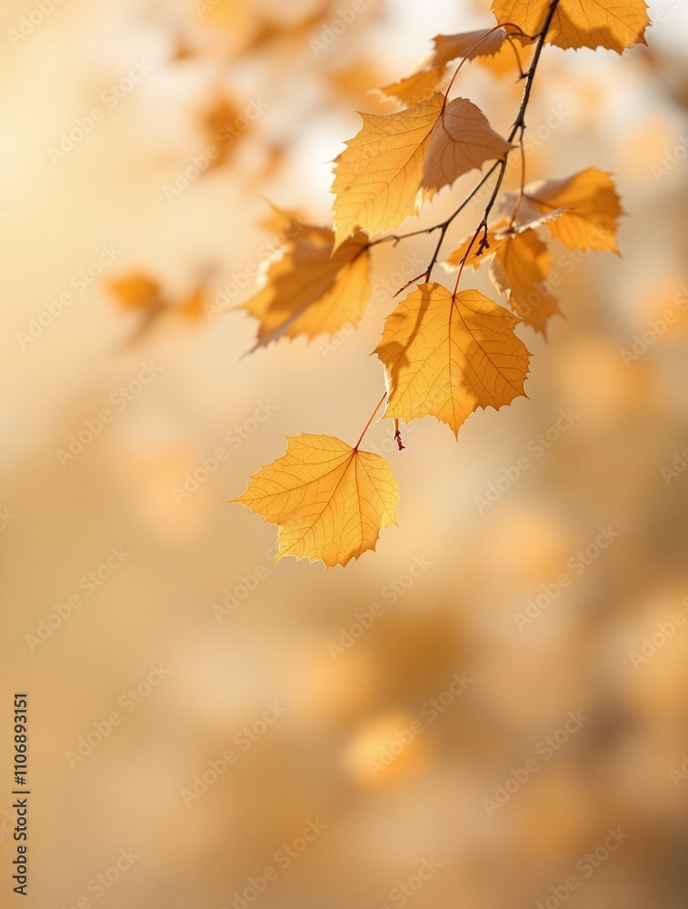 Golden Autumn Leaves on Branch with Soft Focus Background Golden Autumn Leaves on Branch with Soft Focus Background