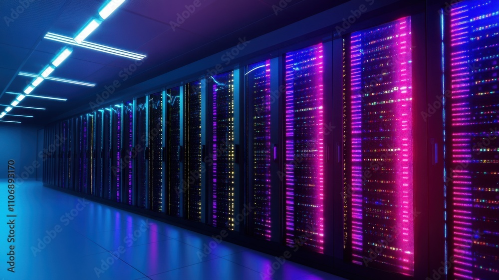 Colorful server room with illuminated racks and high-tech equipment. Colorful server room with illuminated racks and high-tech equipment.