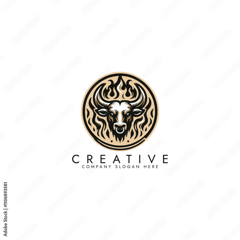 Obraz premium A bull head with horns in a circle with flames around it, Bull mascot vector design on a white background 
