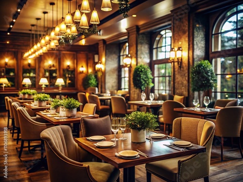 Elegant Restaurant Interior with Cozy Ambiance Featuring Warm Lighting and Tasteful Decor, Ideal for Culinary Presentations and Dining Experiences in a Modern Setting