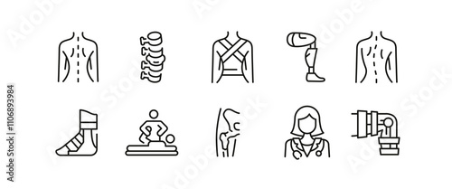 Orthopedics icons. Set of 10 orthopedics trendy minimal icons. Example: Spine, Back, Corset, Cast, Bone Joint icon. Design signs for web page, mobile app, packaging design. Vector illustration.