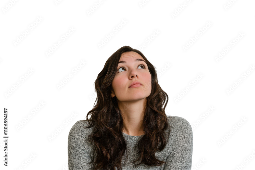 Idea brainstorming concept featuring a thoughtful woman isolated on transparent background Idea brainstorming concept featuring a thoughtful woman isolated on transparent background
