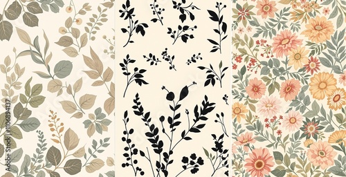 Elegant Floral and Leafy Patterns Set for Textile and Wallpaper Design