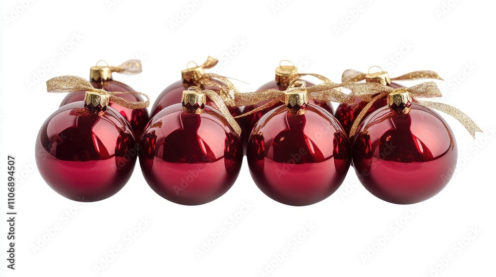 A collection of red Christmas balls tied with gold ribbons, isolated on white, adding a touch of luxury and celebration to any festive decor A collection of red Christmas balls tied with gold ribbons, isolated on white, adding a touch of luxury and celebration to any festive decor
