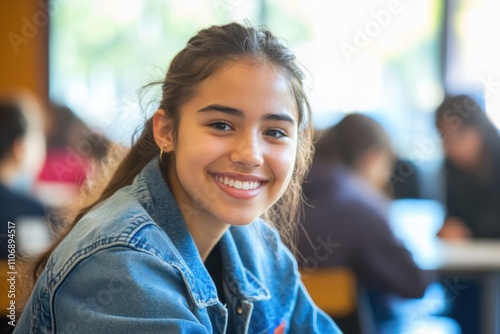 A cheerful student wearing a denim jacket sits in a brightly lit classroom