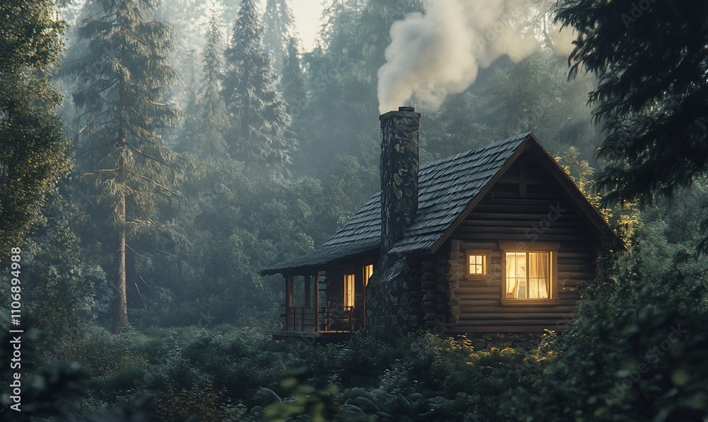 A cozy cabin in a misty forest, emitting smoke from the chimney. A cozy cabin in a misty forest, emitting smoke from the chimney.