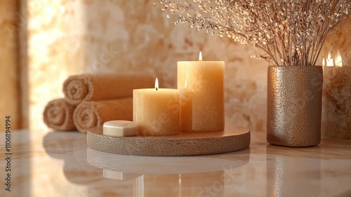 An elegant bathroom counter with a chic design, featuring candles and stylish decor for a relaxing vibe photo