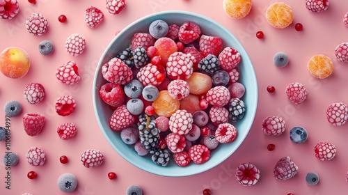 Top view of a bowl of frozen berries on pink background. Mix of raspberry, grapes, peaches, and citrus. Healthy treats, summer recipes concept.