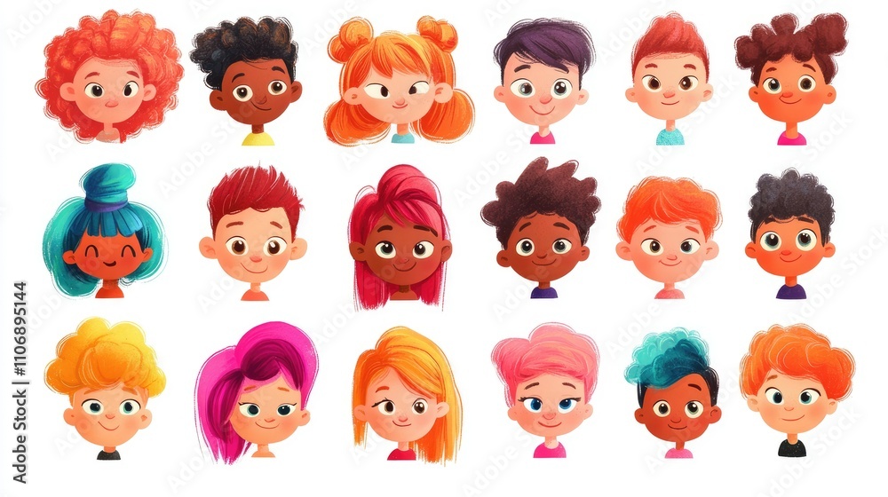 A diverse set of cute cartoon characters with different hair styles and face shapes, each with unique and colorful features, perfect for illustration use
