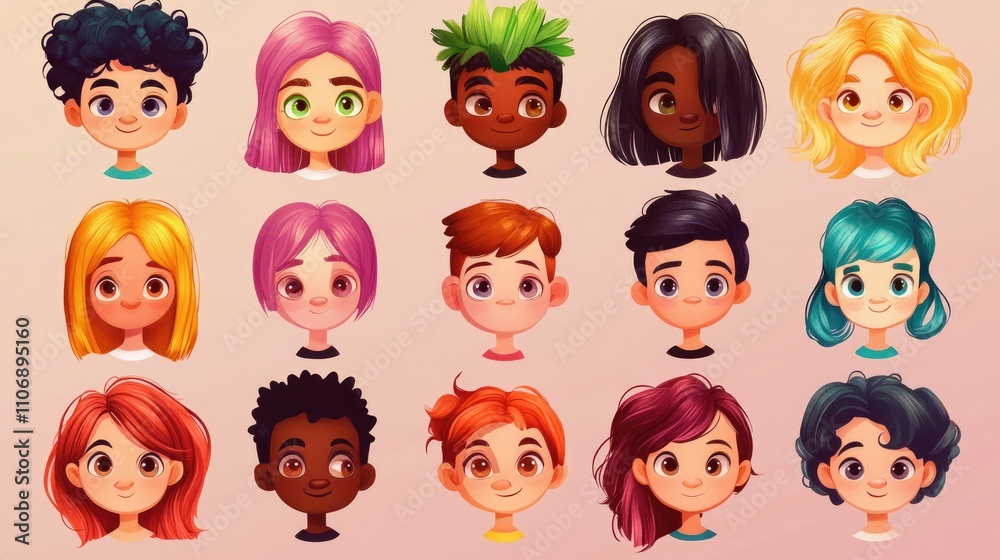 A diverse set of cute cartoon characters with different hair styles and face shapes, each with unique and colorful features, perfect for illustration use A diverse set of cute cartoon characters with different hair styles and face shapes, each with unique and colorful features, perfect for illustration use