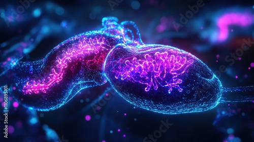 A detailed, illuminated 3D view of the human pancreas, highlighting digestive enzymes, Islets of Langerhans, and pancreatic duct, with medical precision photo