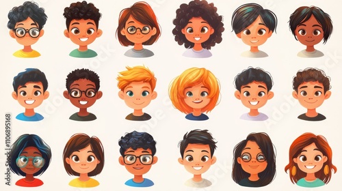 A diverse set of cute cartoon characters with different hair styles and face shapes, each with unique and colorful features, perfect for illustration use