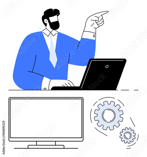 Businessman in a blue suit pointing while working on a laptop, accompanied by illustrations of a desktop monitor and interlocking gears. Ideal for business, technology, workflow, productivity