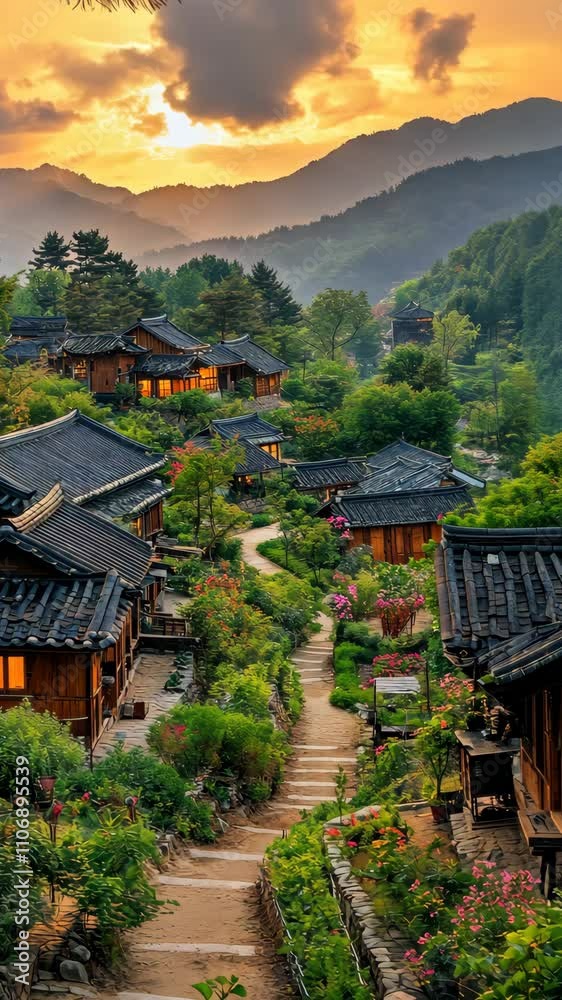 Beautiful Sunset Over Tranquil Village Surrounded by Lush Green Mountains and Gardens Beautiful Sunset Over Tranquil Village Surrounded by Lush Green Mountains and Gardens