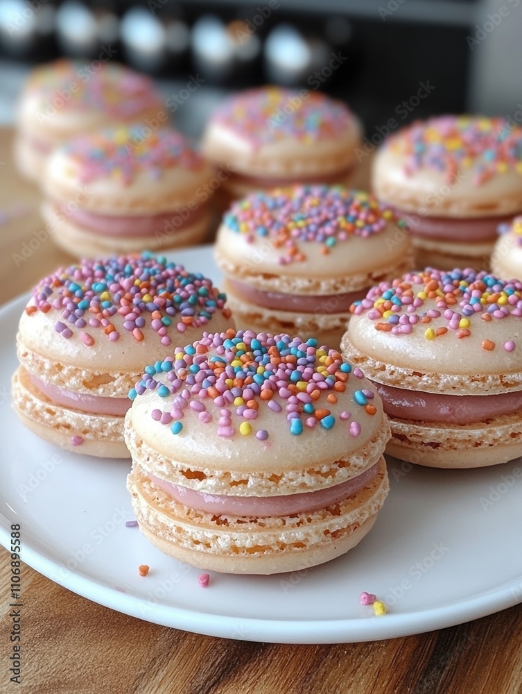 A plate of colorful macaroons with sprinkles on top A plate of colorful macaroons with sprinkles on top