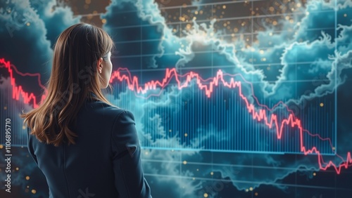 Investor Facing Stock Market Decline, A woman intently examines a computer screen displaying a downward trending stock market chart. Red and blue lines indicate a significant drop in prices.