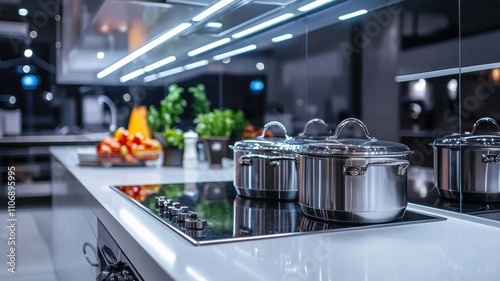 Modern kitchen with stainless steel cookware and fresh ingredients.