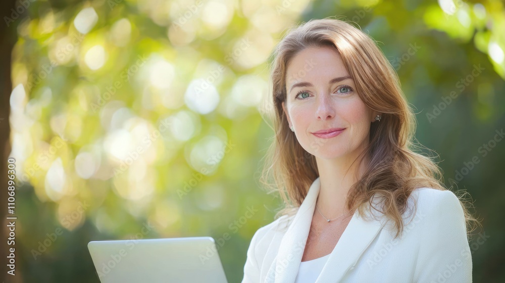 An outdoor business portrait of a woman with a laptop, symbolizing modern work-life integration An outdoor business portrait of a woman with a laptop, symbolizing modern work-life integration