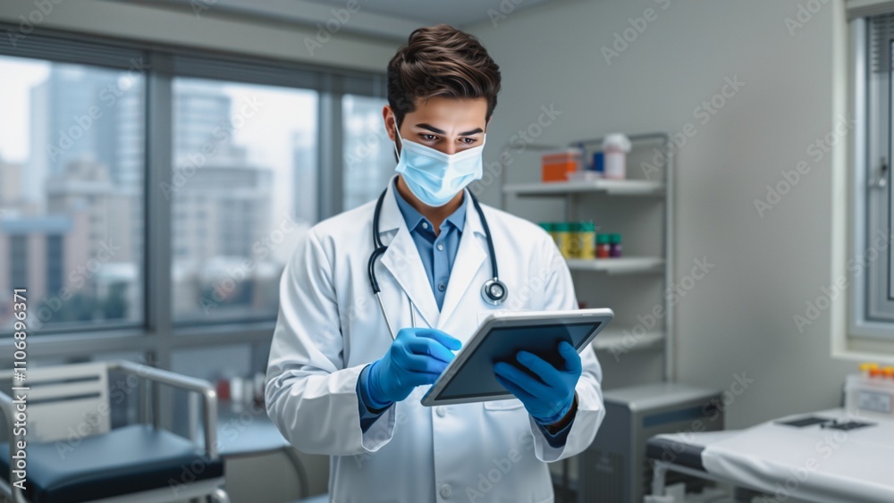 Doctor Consulting Patient Using Tablet, A doctor wearing a mask and gloves consults with a patient using a tablet computer in a modern hospital room. Medical equipment is visible in the background. Doctor Consulting Patient Using Tablet, A doctor wearing a mask and gloves consults with a patient using a tablet computer in a modern hospital room. Medical equipment is visible in the background.