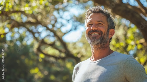 An outdoor candid portrait of a man enjoying nature, reflecting his carefree spirit