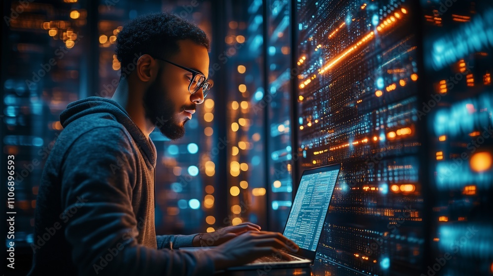 A computer engineer codes in a high-tech server room, embodying modern innovation and IT advancements. A computer engineer codes in a high-tech server room, embodying modern innovation and IT advancements.