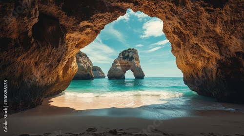 A picturesque view of Praia do Camilo beach with its unique rock formations and clear waters, a hidden gem on the Algarve coast in Portugal photo