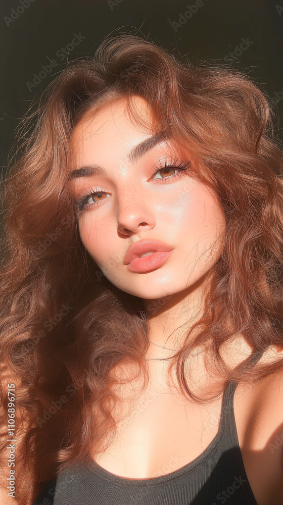 Young woman with wavy hair in warm sunlight, exuding confidence against dark background Young woman with wavy hair in warm sunlight, exuding confidence against dark background