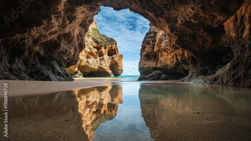 A picturesque view of Praia do Camilo beach with its unique rock formations and clear waters, a hidden gem on the Algarve coast in Portugal photo