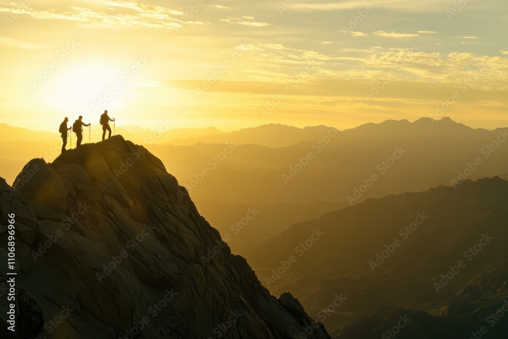 A group of hikers silhouetted against a golden sunset as they assist each other on a rugged mountain peak