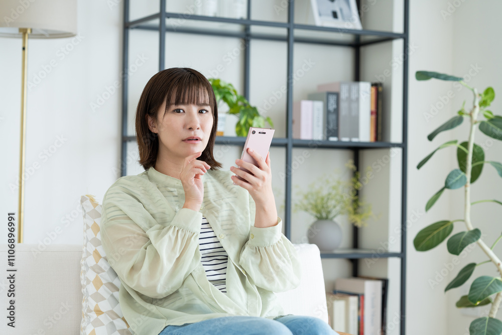 スマホで悩む若い女性 スマホで悩む若い女性
