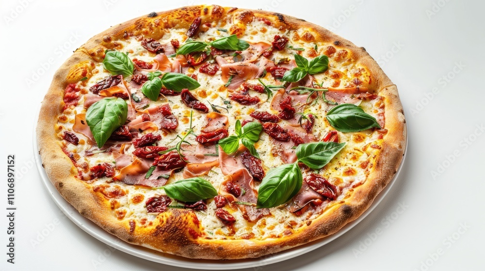 Tasty pizza featuring burrata, basil, ham, and sun-dried tomatoes on a white background. Tasty pizza featuring burrata, basil, ham, and sun-dried tomatoes on a white background.