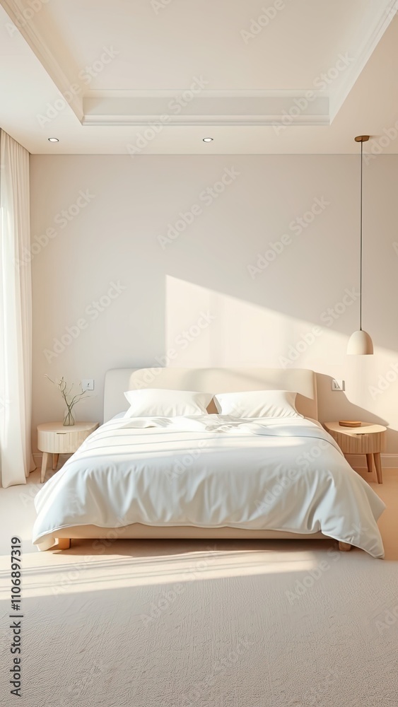 Fototapeta premium Soft, serene, calming colors on walls with plush carpet and a large, inviting bed, texture, interior design, cozy, home decor