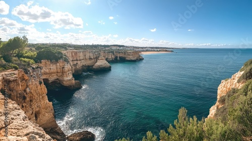 A serene and awe-inspiring panoramic view of Benagil cave along Algarve's coastline, showcasing its unique geological beauty and natural allure