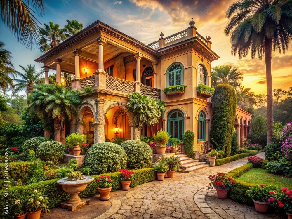 Fototapeta premium Elegant Vintage Style Photography of a Luxurious Villa Surrounded by Lush Gardens, Featuring Classic Architecture and Timeless Decor for a Dreamy Vacation Escape