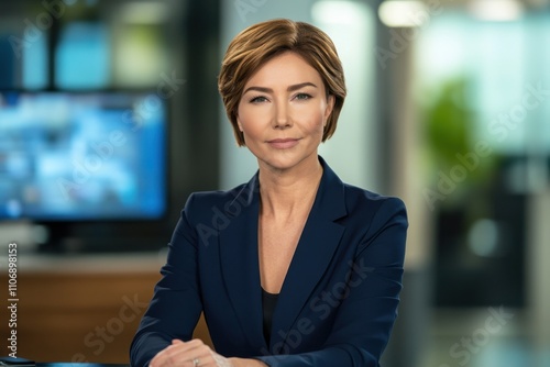 A professional news anchor with short, styled hair and wearing a navy blue blazer sits
