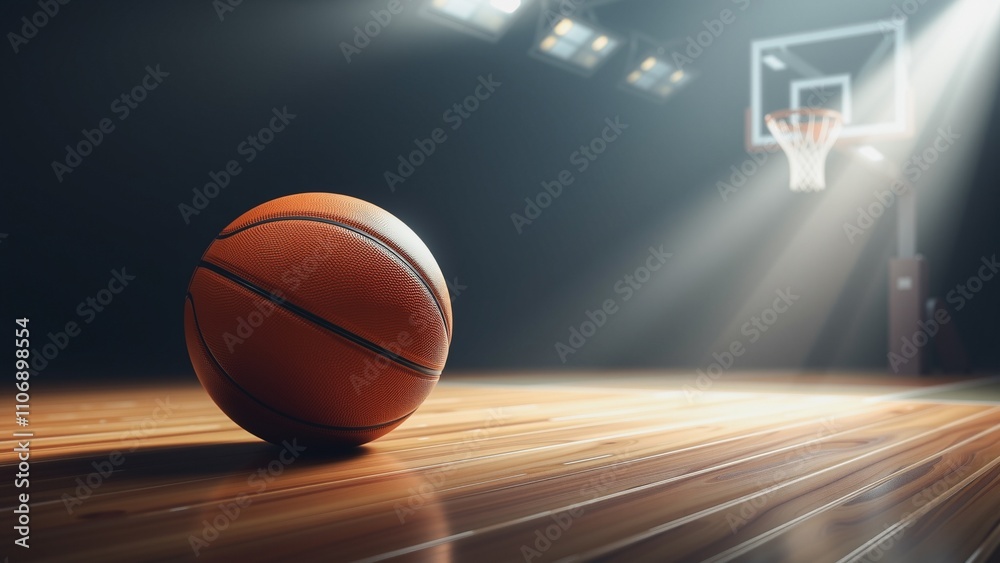Spotlight on the Court, A single basketball rests center court illuminated by dramatic light. The background features a basketball hoop and net, creating a focus on the game's essential equipment.