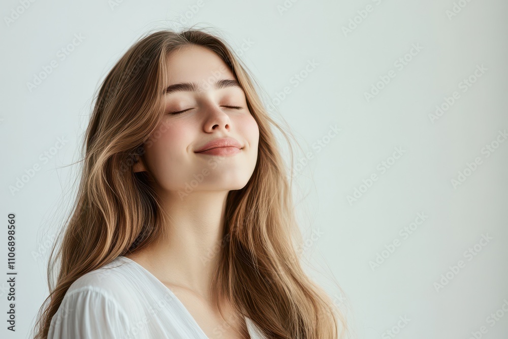 A serene side profile of a young woman with long flowing hair A serene side profile of a young woman with long flowing hair