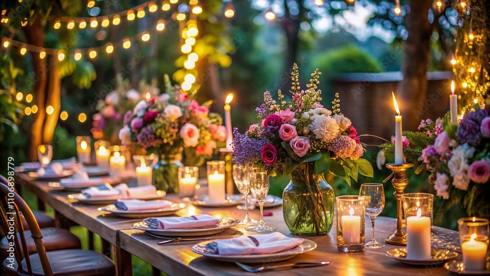 Elegant Wedding Reception Table in Garden Setting with Low Light Ambience, Beautiful Plates, and Floral Bouquets for a Romantic Atmosphere Elegant Wedding Reception Table in Garden Setting with Low Light Ambience, Beautiful Plates, and Floral Bouquets for a Romantic Atmosphere