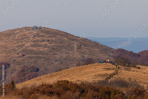 Photo of Mala Rawka peak (pol. Mała Rawka) and Polonyna Wetlinska (pol. Połonina Wetlińska). View from Wielka Rawka peak, Bieszczady Mountains, Poland